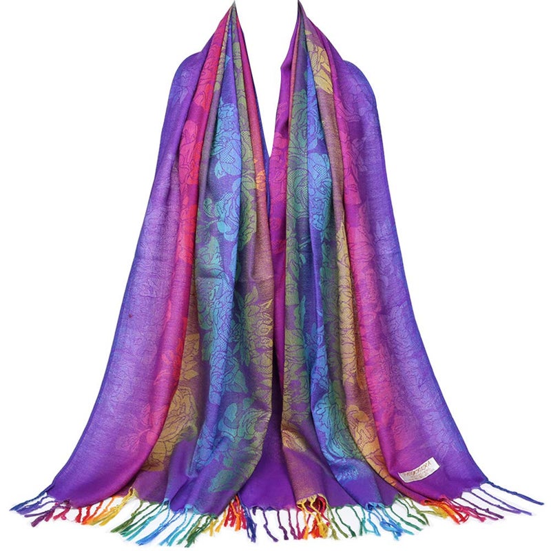 Neelamvar Fashion Colorful flowers Jacquard cotton pashmina Women Wrap Shawl tassels Scarves 75"" x 27.5"" (THM08-05) - Image 1